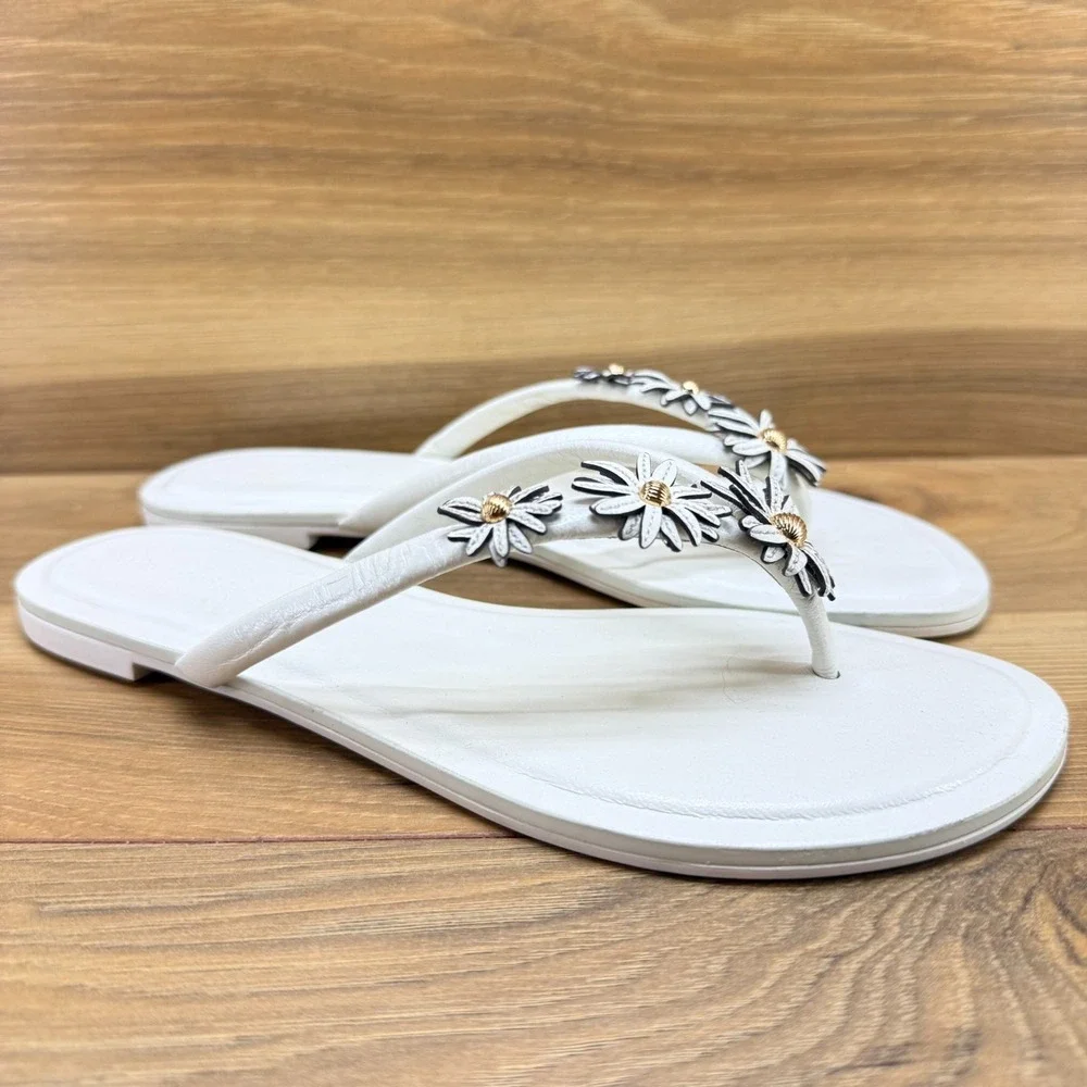 Tory Burch Flower Applique Flip Flops Womens 7 Cream White Leather Thong Preppy